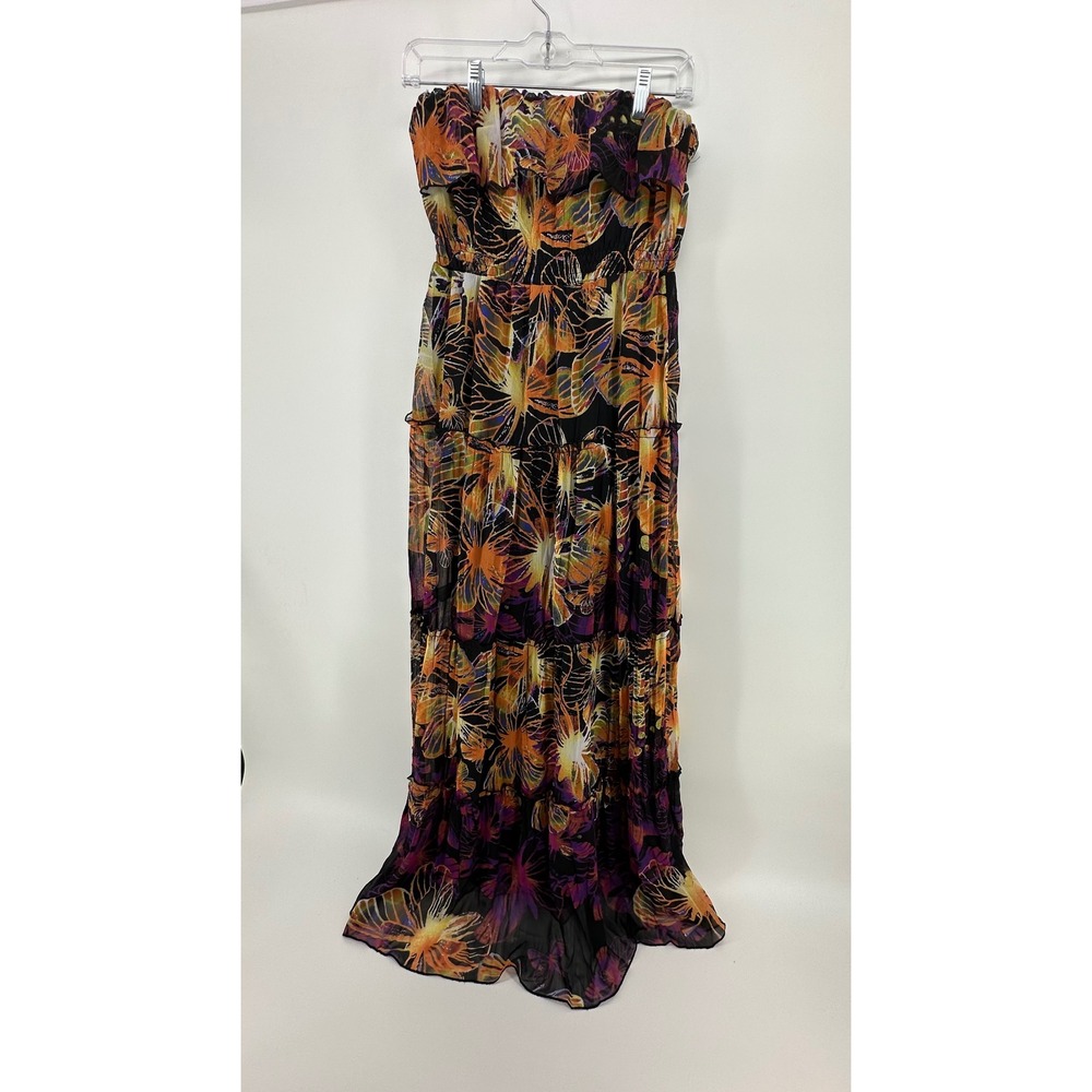 Fire Los Angeles Womens Strapless Tiered Maxi Dress Butterfly Floral Orange M